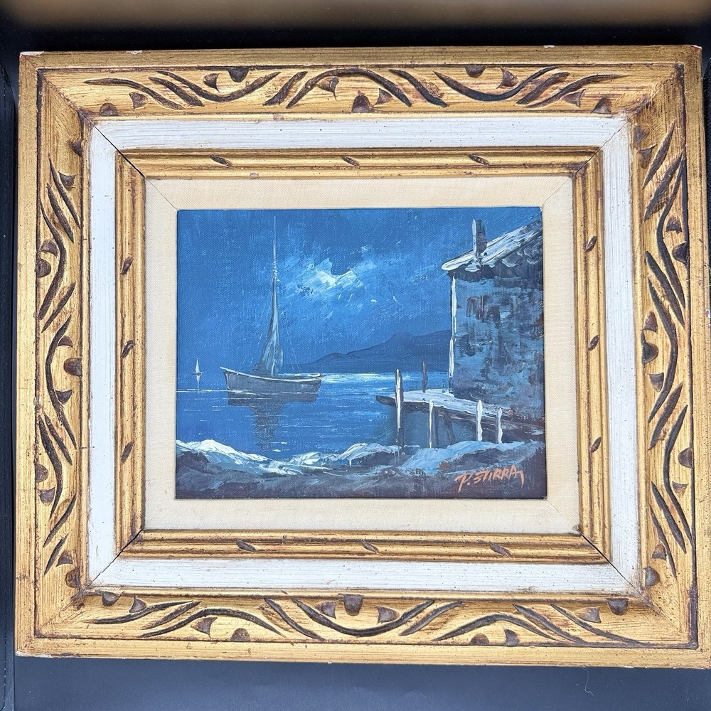 Paolo Stirrat Original Oil Painting Signed Vintage MCM 15X17 Blue Seascape